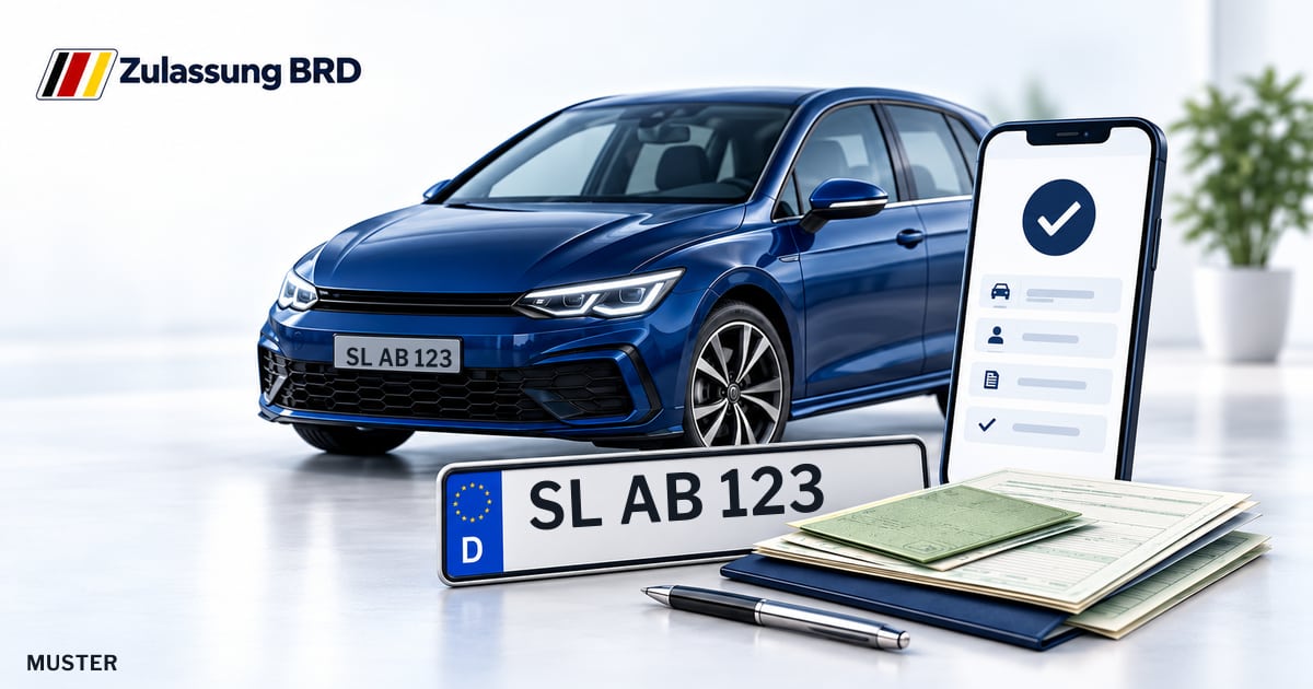 Online Fahrzeugzulassung in Harrislee: Musterkennzeichen SL AB 123, Auto und Fahrzeugpapiere und Smartphone. Illustration mit Logo von Zulassung BRD.
